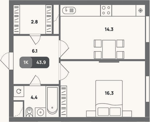 Планировка: 1-к, 43,9 м²