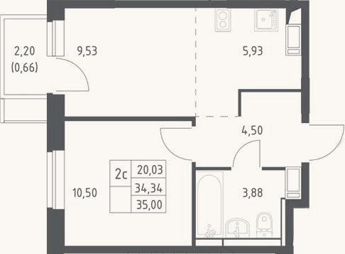 Планировка: 2-к, 34,3 м²