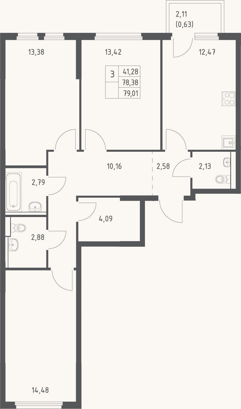 Планировка: 3-к, 78,4 м²