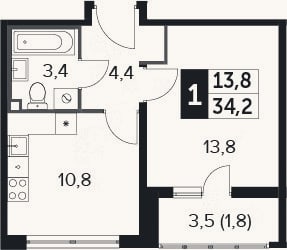 Планировка: 1-к, 32,4 м²