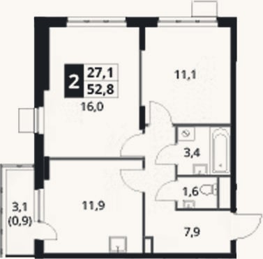Планировка: 2-к, 51,9 м²