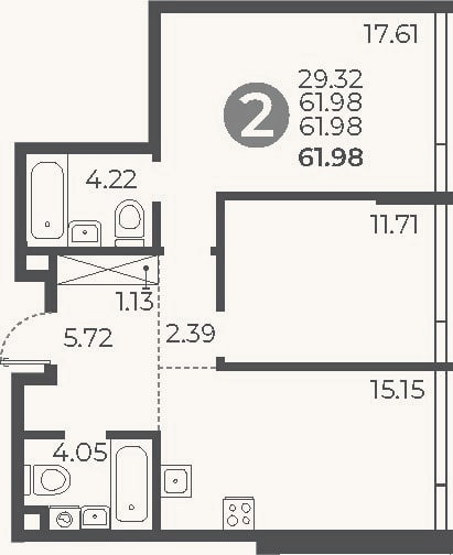 Планировка: 2-к, 62 м²