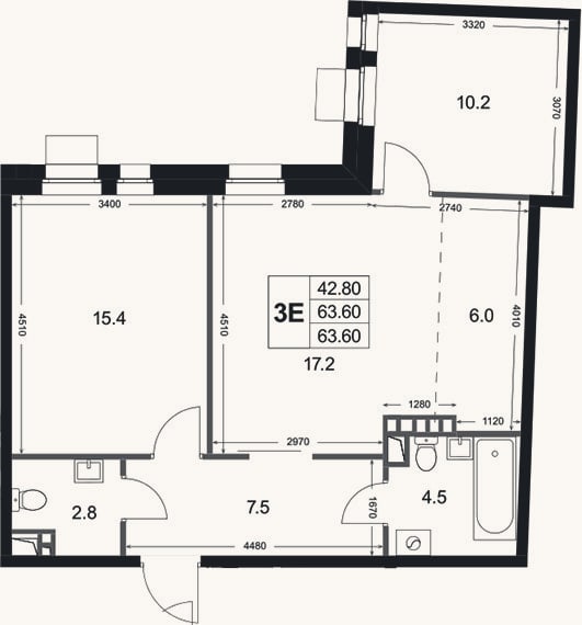 Планировка: 3-к, 63,6 м²