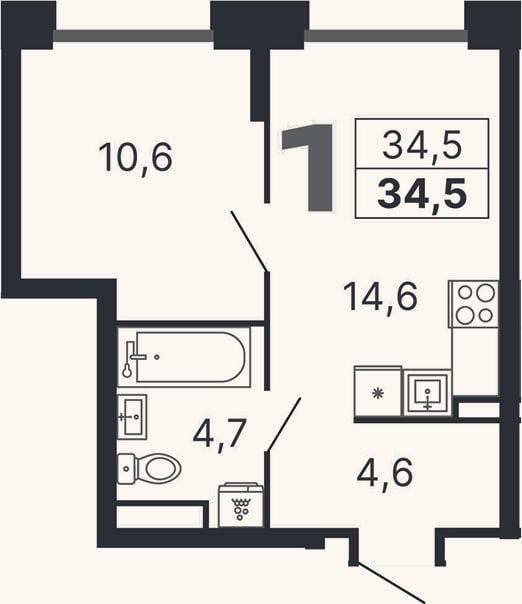 Планировка: 1-к, 34,5 м²