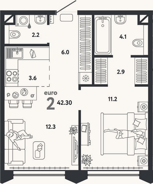 Планировка: 2-к, 42,3 м²