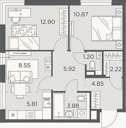 Планировка: 3-к, 56,2 м²