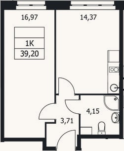 Планировка: 1-к, 39,2 м²