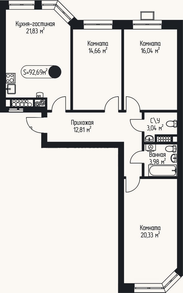 Планировка: 4+ к, 92,7 м²