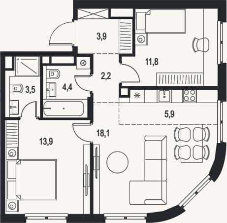 Планировка: 3-к, 63,7 м²