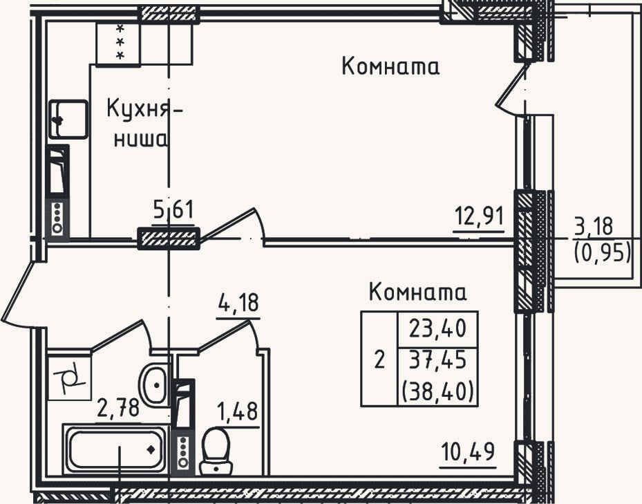 Планировка: 2-к, 37,5 м²