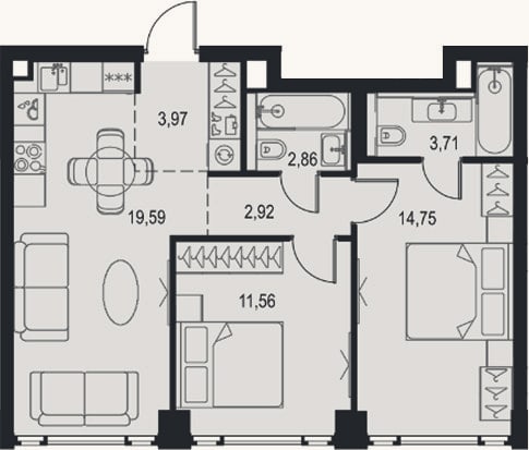 Планировка: 3-к, 59,4 м²