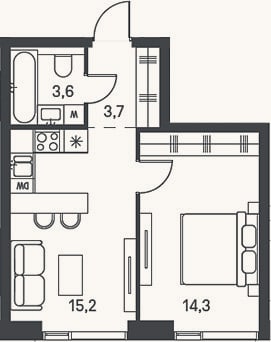 Планировка: 2-к, 36,8 м²