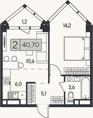 Планировка: 2-к, 39,5 м²