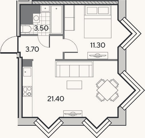 Планировка: 2-к, 39,9 м²