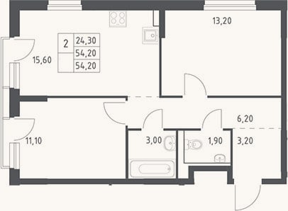 Планировка: 3-к, 54,2 м²