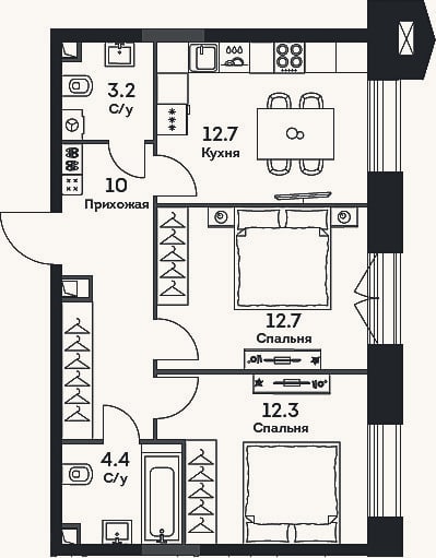 Планировка: 2-к, 55,3 м²