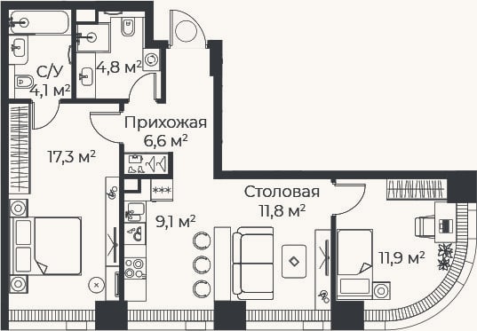 Планировка: 3-к, 65,6 м²