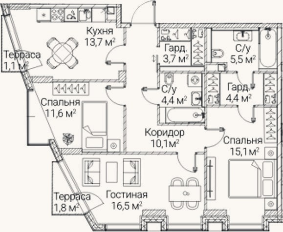 Планировка: 3-к, 82,8 м²