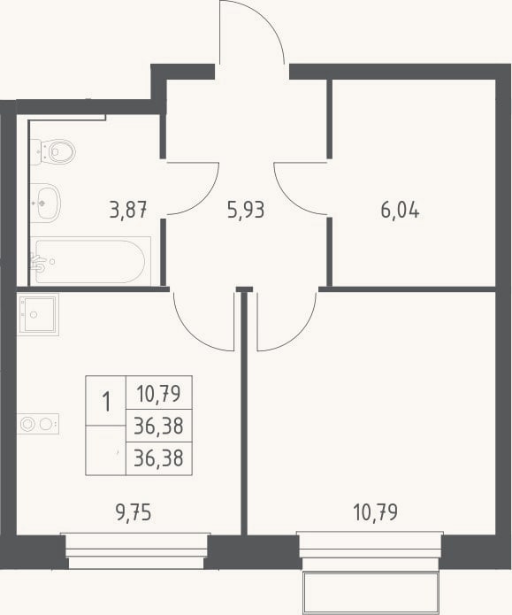 Планировка: 1-к, 36,4 м²