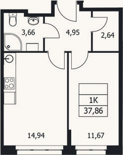 Планировка: 1-к, 37,9 м²