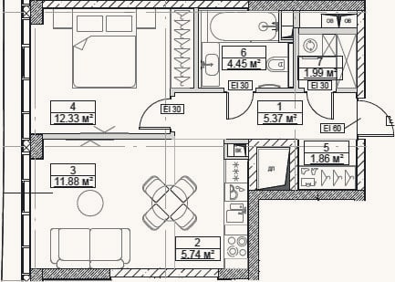 Планировка: 2-к, 43,6 м²