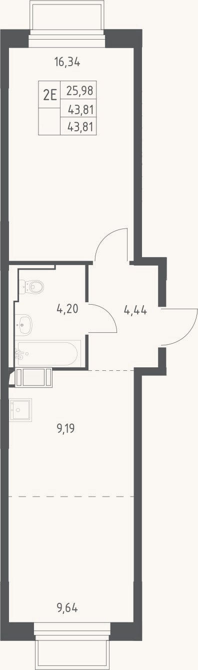 Планировка: 2-к, 43,8 м²