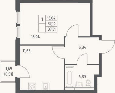 Планировка: 1-к, 37,1 м²