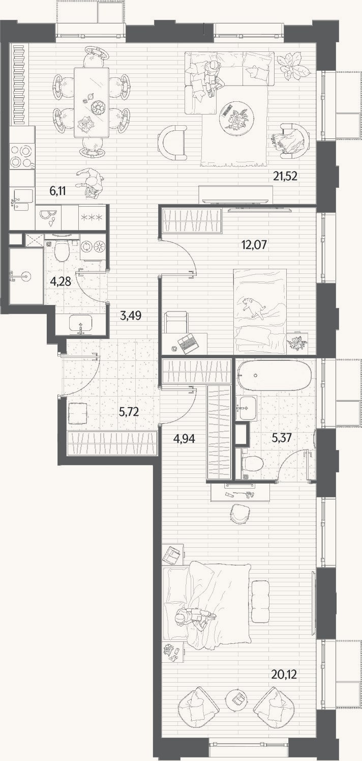 Планировка: 3-к, 86,2 м²