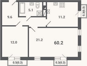 Планировка: 2-к, 59,1 м²