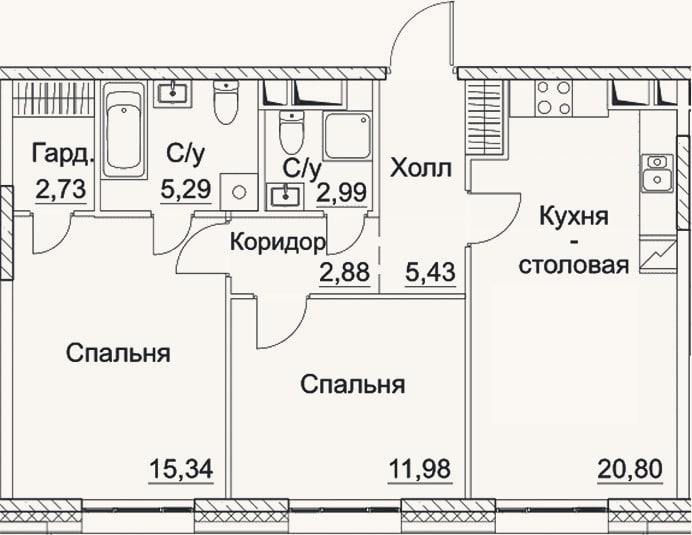 Планировка: 3-к, 67,4 м²