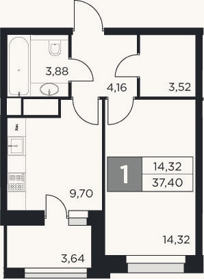 Планировка: 1-к, 35,6 м²