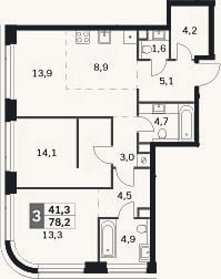 Планировка: 3-к, 78,2 м²
