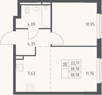 Планировка: 2-к, 38,8 м²