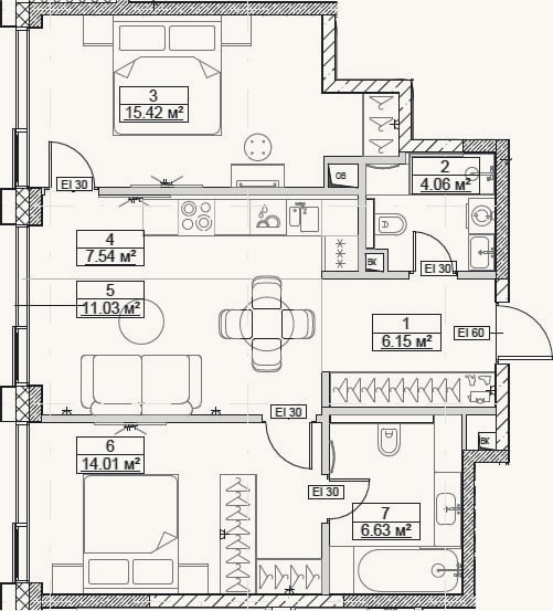 Планировка: 3-к, 64,8 м²