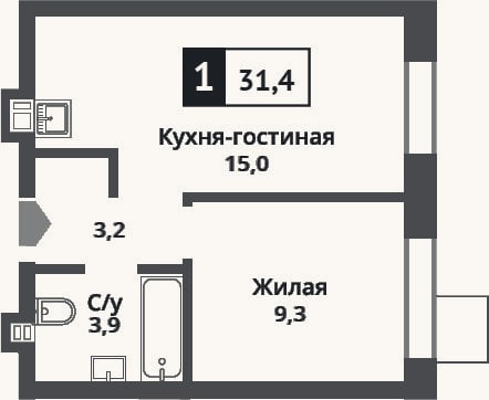 Планировка: 2-к, 31,4 м²