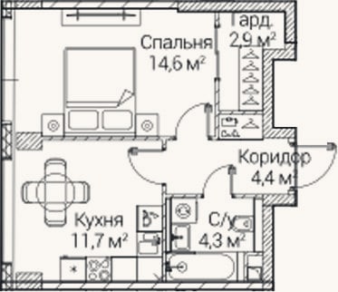 Планировка: 1-к, 38,1 м²