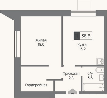 Планировка: 1-к, 38,6 м²