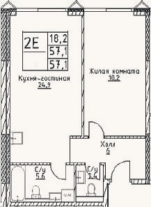 Планировка: 2-к, 57,1 м²