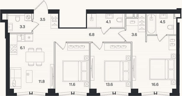 Планировка: 4+ к, 85,5 м²