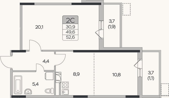 Планировка: 1-к, 49,6 м²