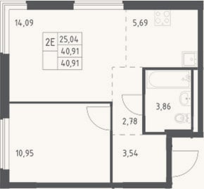 Планировка: 2-к, 40,9 м²