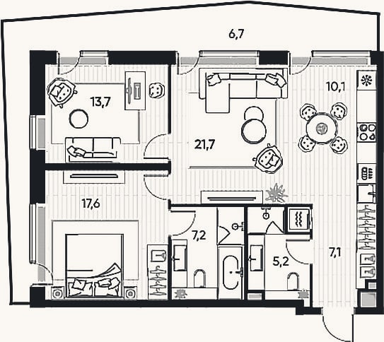 Планировка: 3-к, 76,6 м²