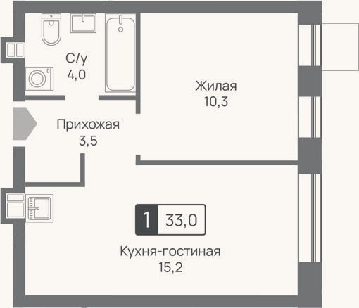 Планировка: 2-к, 33 м²