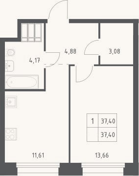 Планировка: 1-к, 37,4 м²