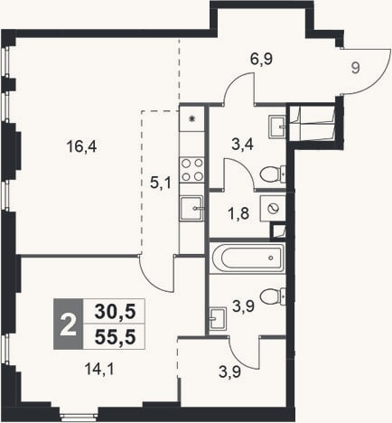 Планировка: 2-к, 55,5 м²
