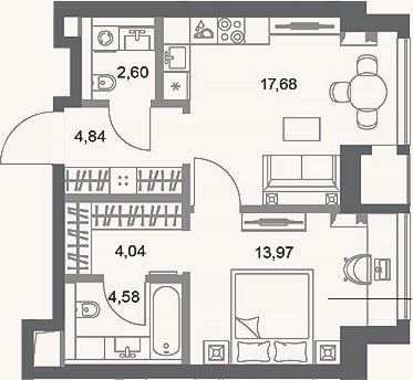 Планировка: 1-к, 47,7 м²