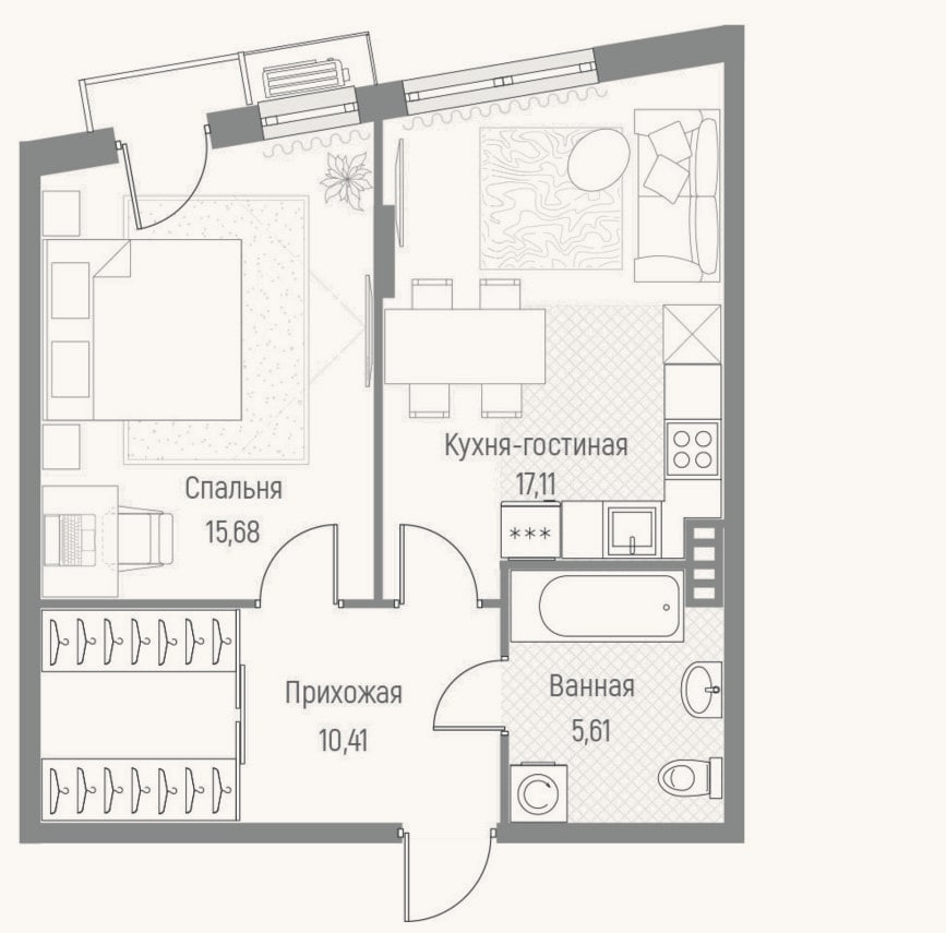 Планировка: 1-к, 48,8 м²