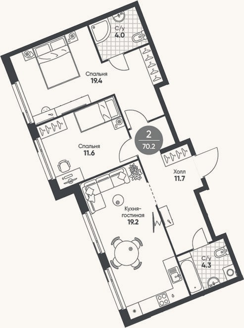 Планировка: 3-к, 70,2 м²