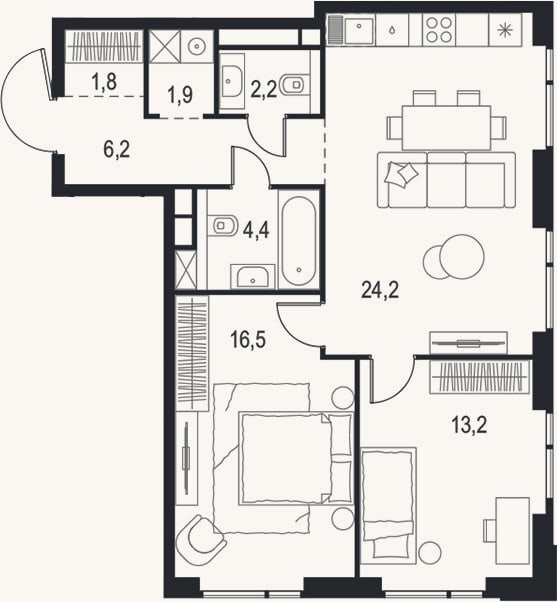 Планировка: 3-к, 70,4 м²