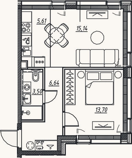 Планировка: 2-к, 44,5 м²